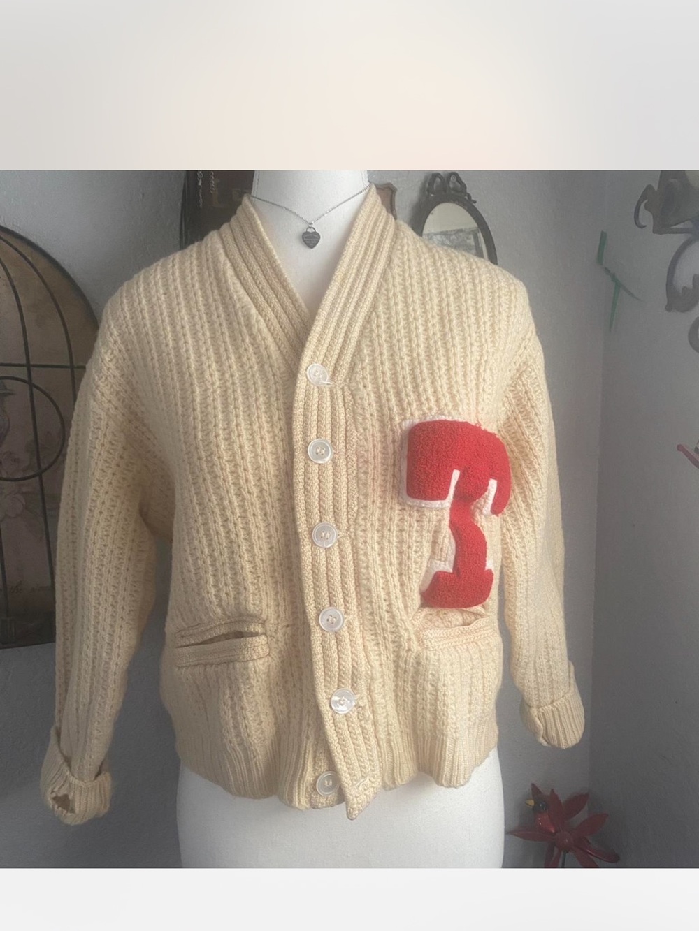 1950s Cream Cardigan with Red Patch